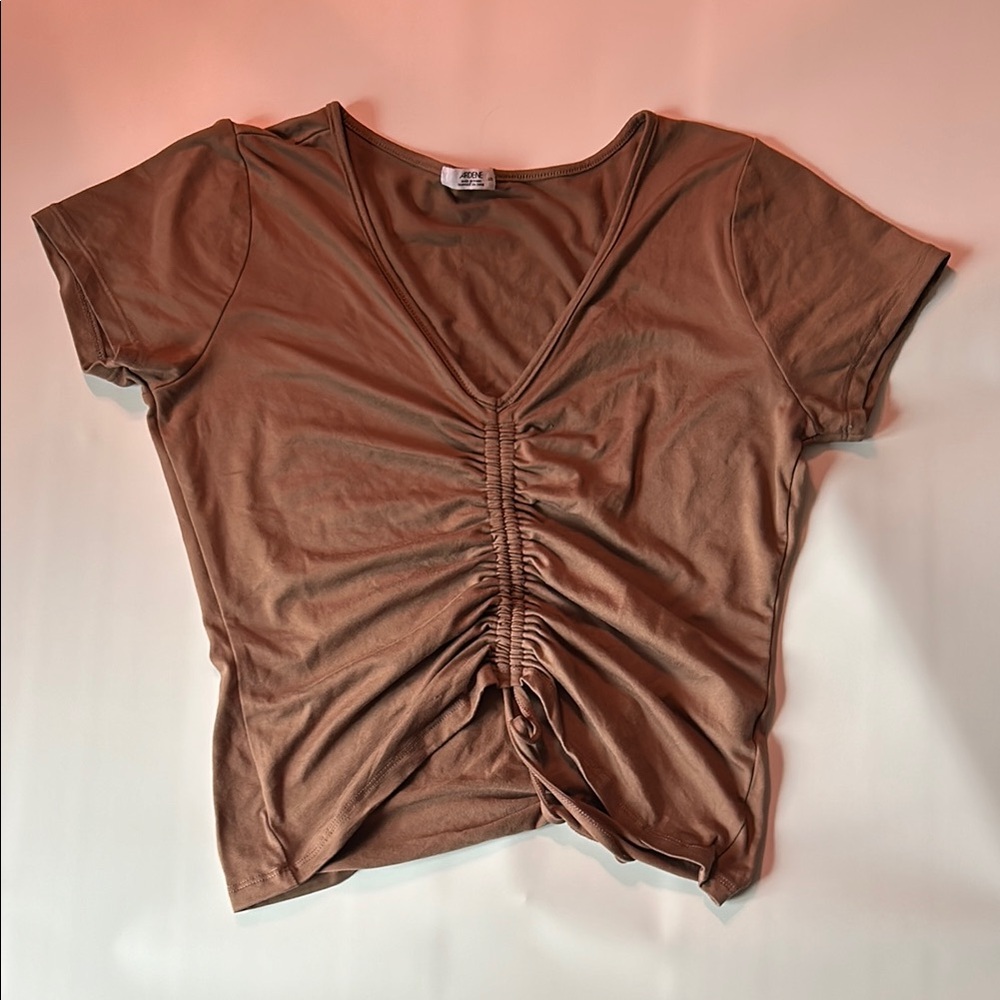 Ardene Brown Ruched Crop Tee Short Sleeve